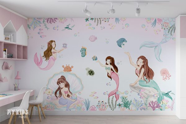 mermaids in the sea among corals and fish - children’s wall mural