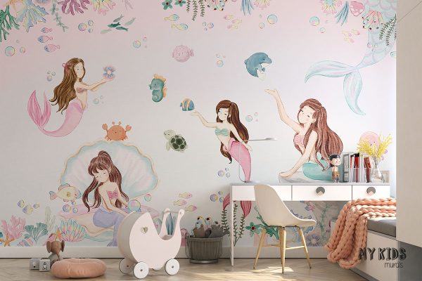 mermaids in the sea among corals and fish - children’s wall mural