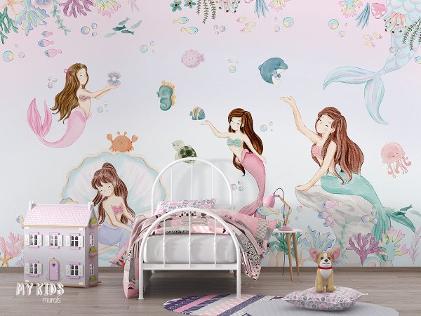 mermaids in the sea among corals and fish - children’s wall mural