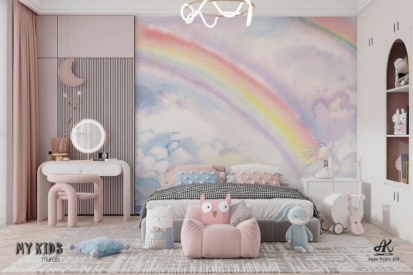 watercolor rainbow on cloudy sky - children’s wall mural