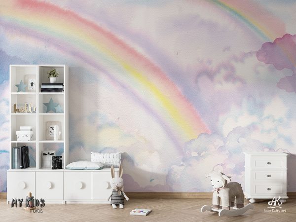 watercolor rainbow on cloudy sky - children’s wall mural