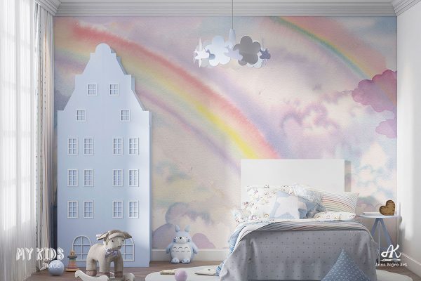 watercolor rainbow on cloudy sky - children’s wall mural