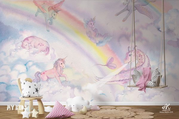 watercolor rainbow on cloudy sky with unicorns and dragon - children’s wall mural