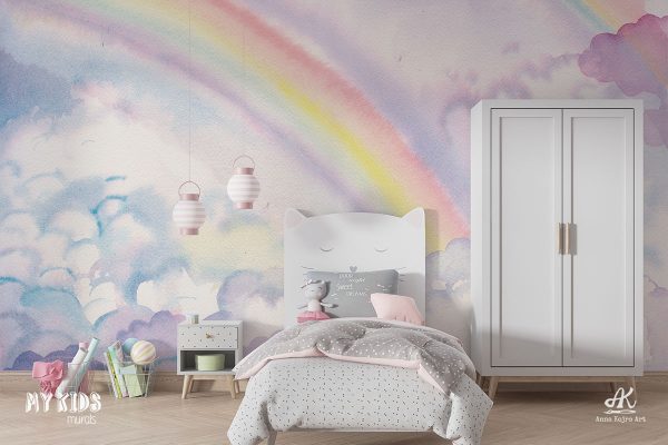 watercolor rainbow on cloudy sky - children’s wall mural