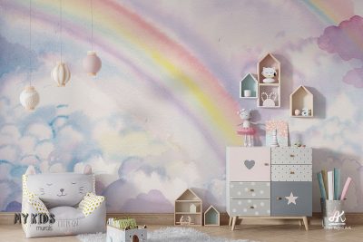 watercolor rainbow on cloudy sky - children’s wall mural