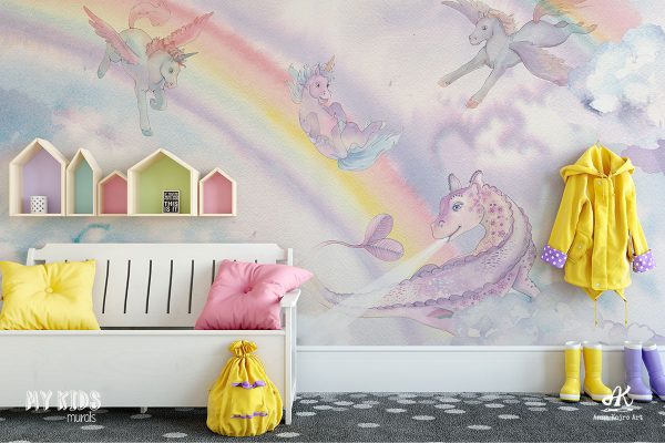 watercolor rainbow on cloudy sky with unicorns and dragon - children’s wall mural