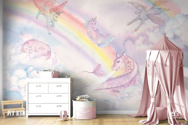 watercolor rainbow on cloudy sky with unicorns and dragon - children’s wall mural