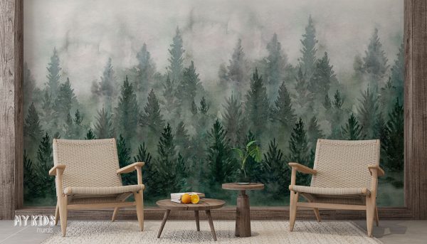 watercolor green fir forest in the fog - wall mural