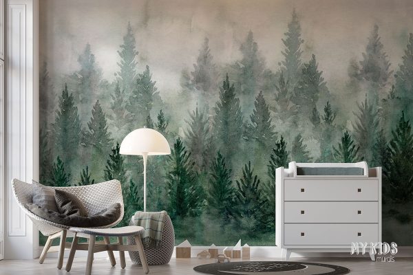 watercolor green fir forest in the fog - wall mural