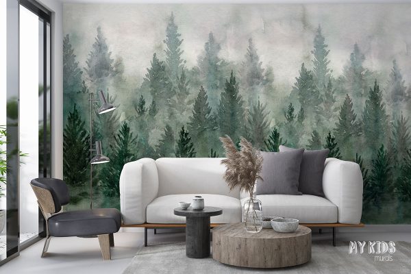 watercolor green fir forest in the fog - wall mural