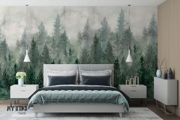 watercolor green fir forest in the fog - wall mural