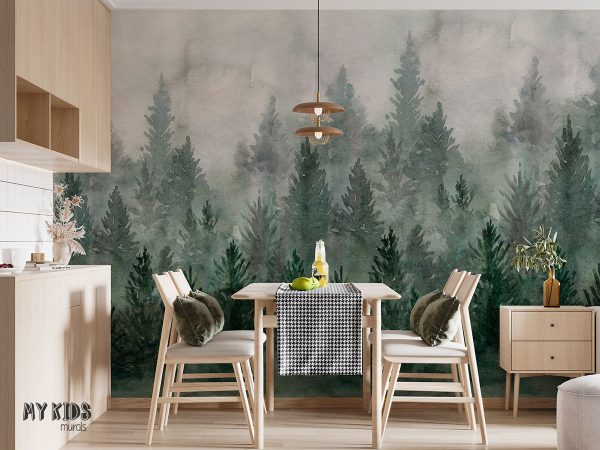 watercolor green fir forest in the fog - wall mural