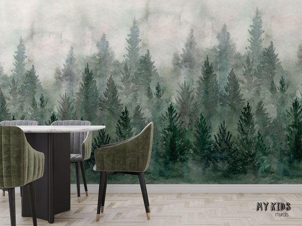 watercolor green fir forest in the fog - wall mural