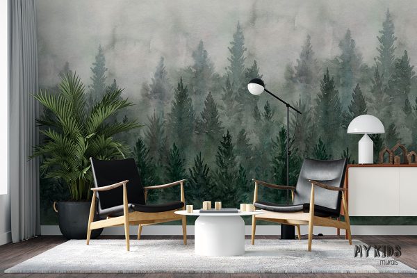 watercolor green fir forest in the fog - wall mural