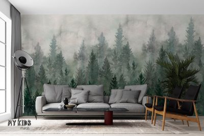 watercolor green fir forest in the fog - wall mural