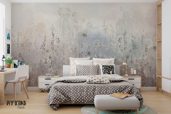 tall flowers and grasses on colorful background - wall mural