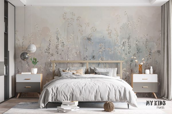 tall flowers and grasses on colorful background - wall mural