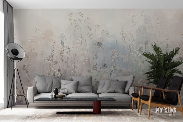 tall flowers and grasses on colorful background - wall mural