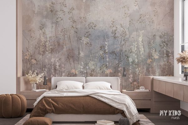 tall flowers and grasses on colorful background - wall mural