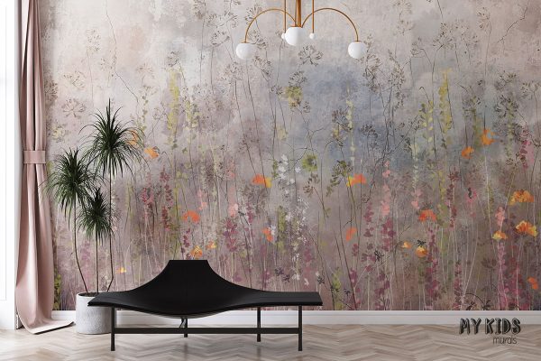 tall flowers and grasses on colorful background - wall mural