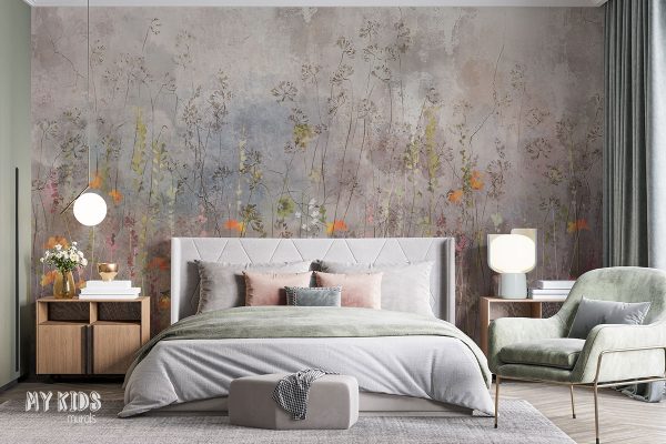 tall flowers and grasses on colorful background - wall mural