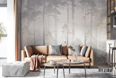 morning fog among the trees - wall mural