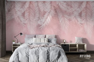dangling gray palm leaves on pink background - wall mural