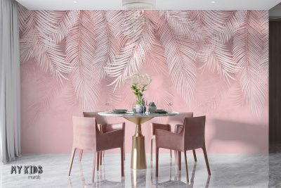 dangling gray palm leaves on pink background - wall mural