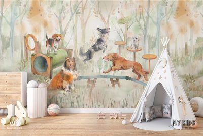 doggies on the playground among the autumn trees - children’s wall mural