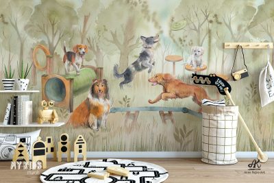 doggies on the playground among the spring trees - children’s wall mural