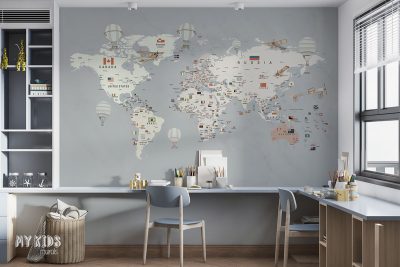 map with flags and country names on gray background - children’s wall mural