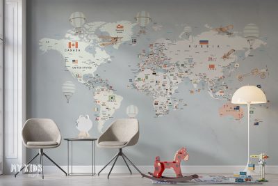 map with flags and country names on gray background - children’s wall mural