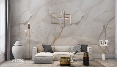 large pearl leaves with gold accents - wall mural