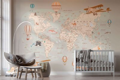 Map with balloons and planes, wallpaper for a children's room