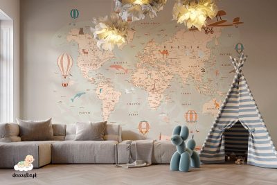 Map with balloons and planes, wallpaper for a children's room
