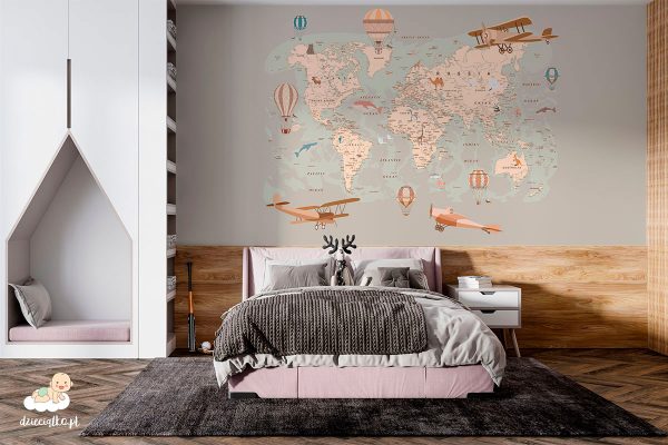 Map with balloons and planes, wallpaper for a children's room