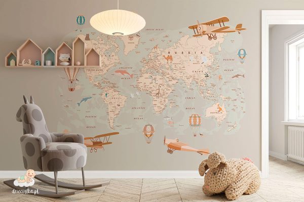 Map with balloons and planes, wallpaper for a children's room