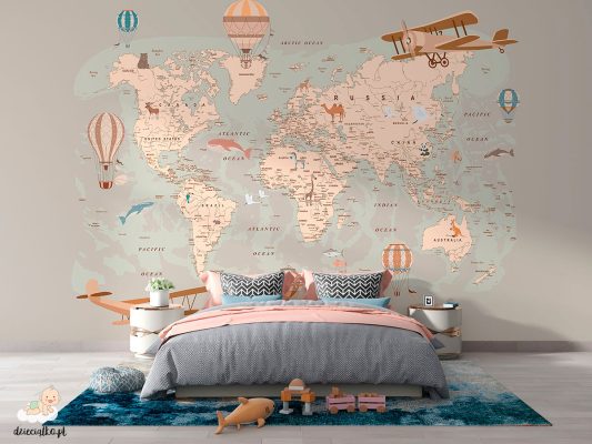 Map with balloons and planes, wallpaper for a children's room