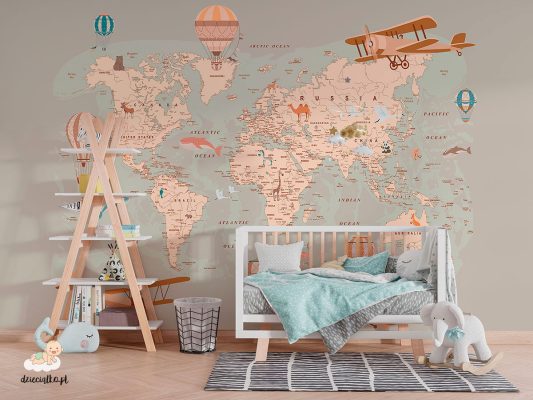 Map with balloons and planes, wallpaper for a children's room