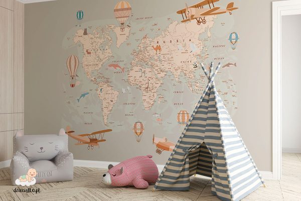 Map with balloons and planes, wallpaper for a children's room