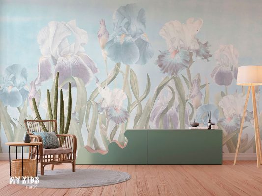 Soft pastel iris flowers illustration with blue and white blossoms on light background