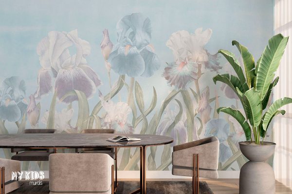 Soft pastel iris flowers illustration with blue and white blossoms on light background