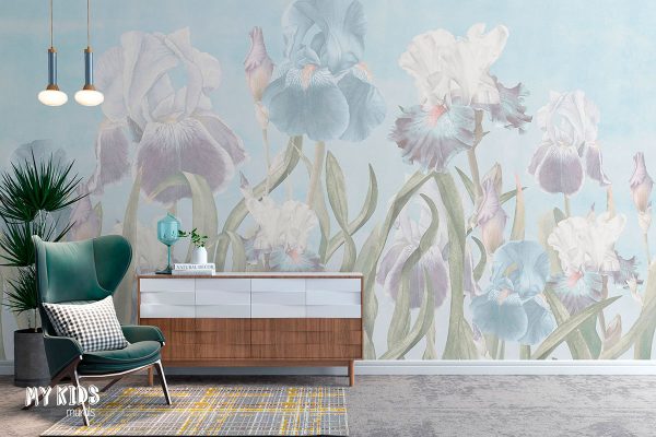 Soft pastel iris flowers illustration with blue and white blossoms on light background