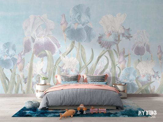 Soft pastel iris flowers illustration with blue and white blossoms on light background