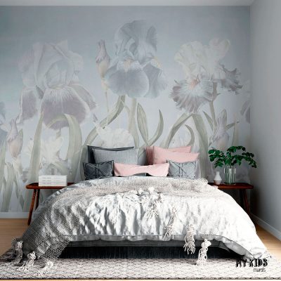 Soft pastel iris flowers illustration with blue and white blossoms on light background