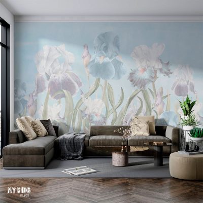 Soft pastel iris flowers illustration with blue and white blossoms on light background