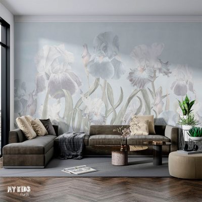 Soft pastel iris flowers illustration with blue and white blossoms on light background