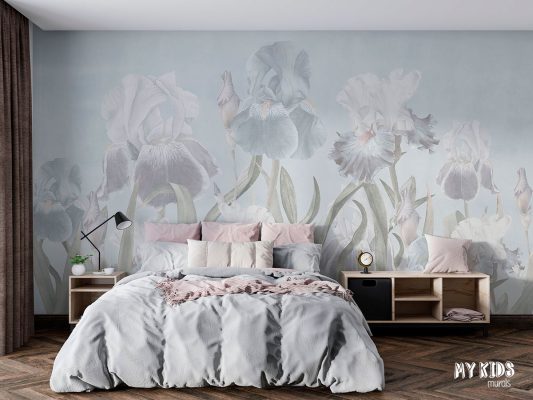 Soft pastel iris flowers illustration with blue and white blossoms on light background