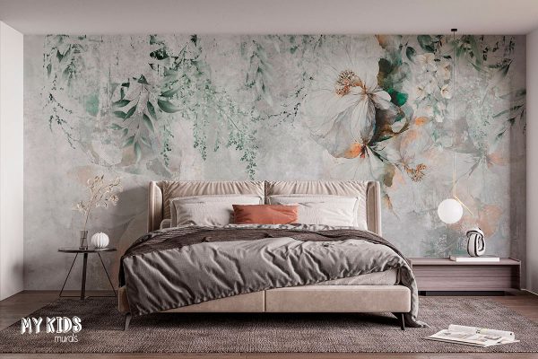 Soft floral wallpaper with white flowers and green leaves on a textured light background