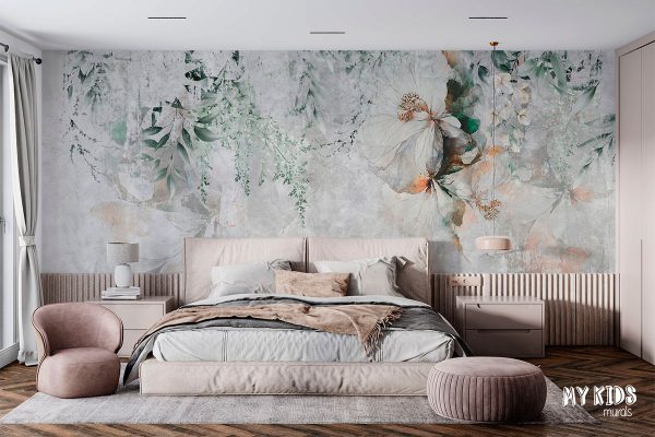 Soft floral wallpaper with white flowers and green leaves on a textured light background